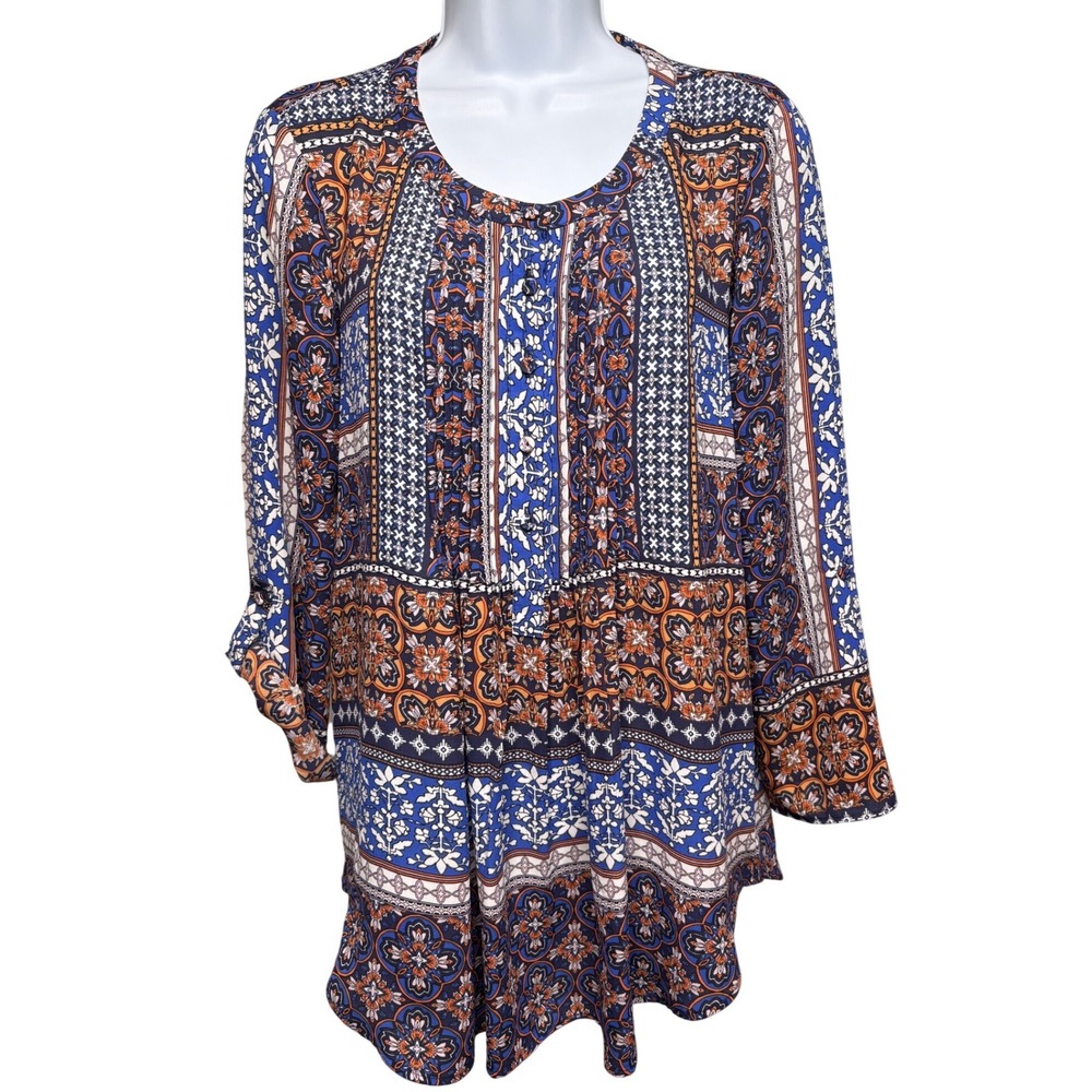 DANIEL RAINN Womens Blue Orange Paisley Peasant Tunic Blouse Sz M Boho Roll Tab